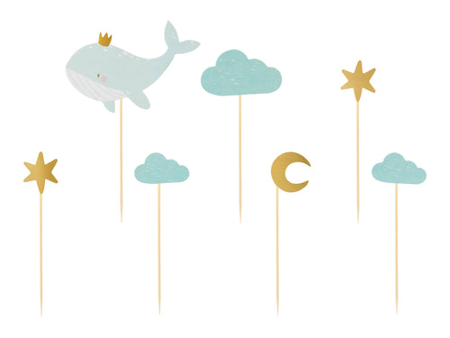 Cupcake‑Dekorationen „Wal & Himmelsmotive“ – 7er Set | 11–13,5 cm | Topper für Babyshower, Taufe & Kindergeburtstag