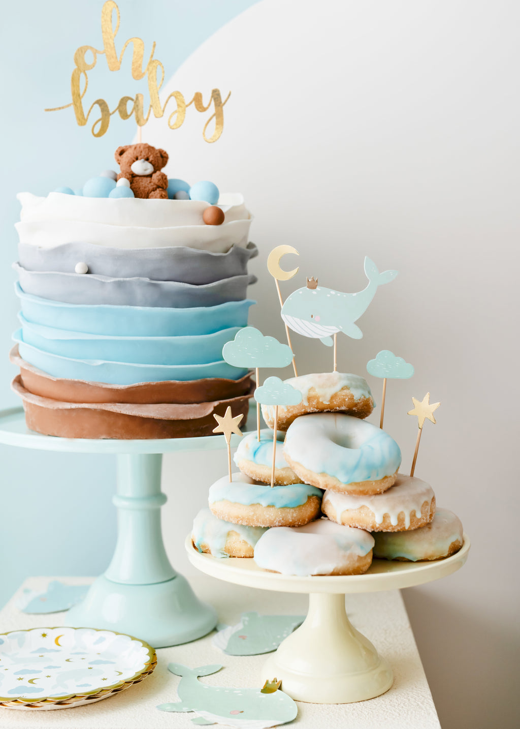 Cupcake‑Dekorationen „Wal & Himmelsmotive“ – 7er Set | 11–13,5 cm | Topper für Babyshower, Taufe & Kindergeburtstag