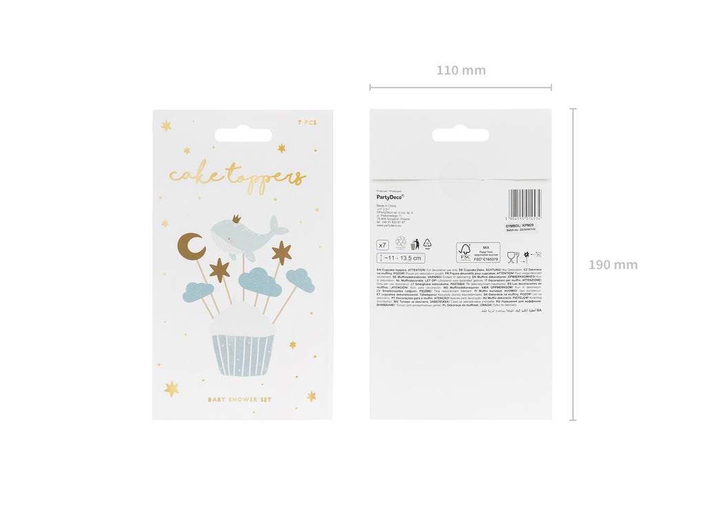 Cupcake‑Dekorationen „Wal & Himmelsmotive“ – 7er Set | 11–13,5 cm | Topper für Babyshower, Taufe & Kindergeburtstag