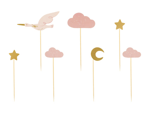 Cupcake‑Dekorationen „Storch & Himmelsmotive“ – 7er Set | 11–12 cm | Topper für Babyshower, Taufe & Willkommen‑Baby
