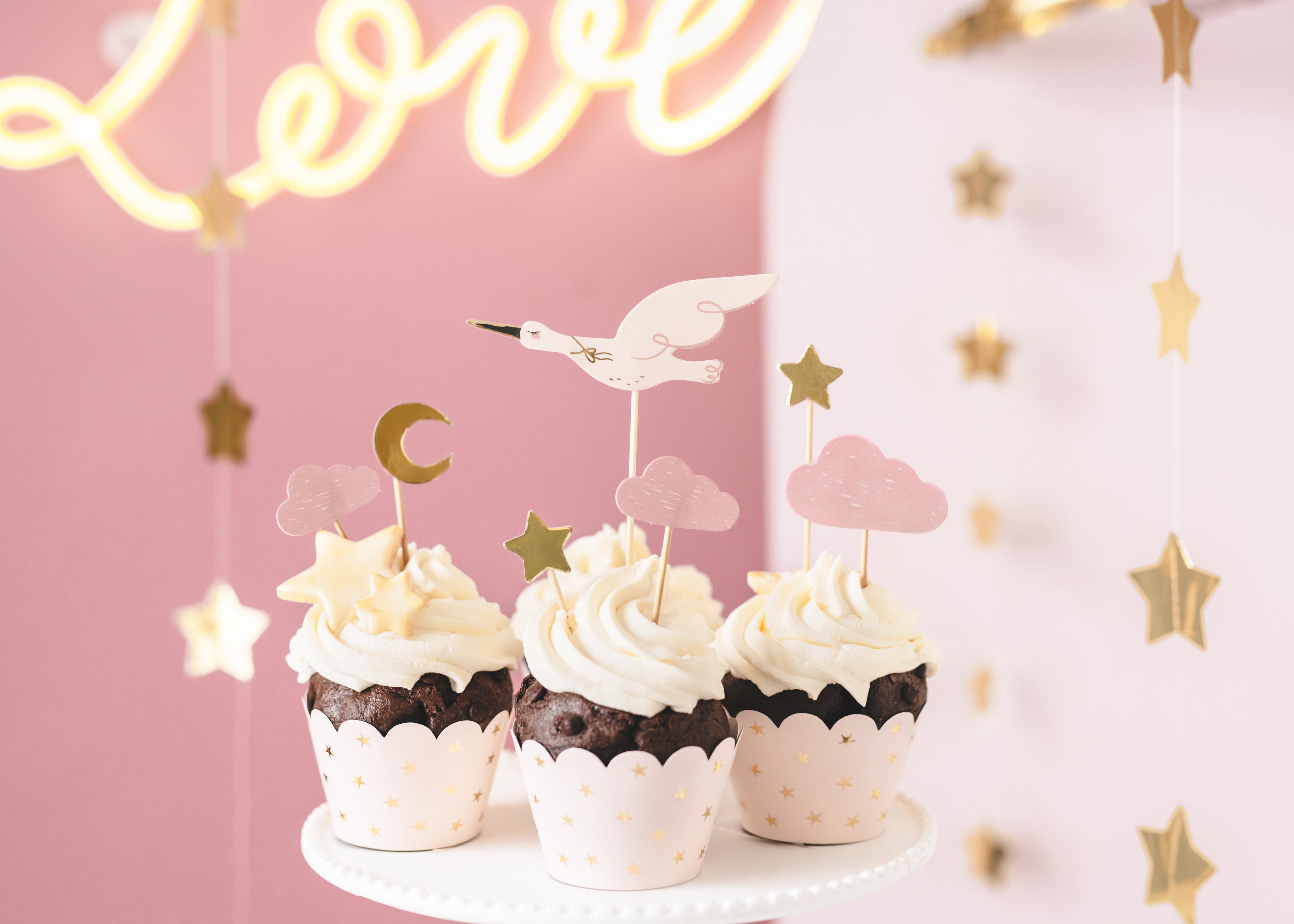 Cupcake‑Dekorationen „Storch & Himmelsmotive“ – 7er Set | 11–12 cm | Topper für Babyshower, Taufe & Willkommen‑Baby