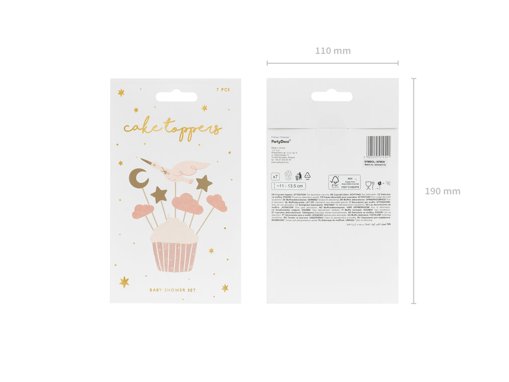 Cupcake‑Dekorationen „Storch & Himmelsmotive“ – 7er Set | 11–12 cm | Topper für Babyshower, Taufe & Willkommen‑Baby