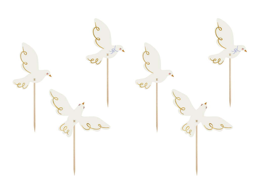 Cupcake‑Dekorationen „Tauben“ – 6er Set | 3 Motive je 2 Stück | 14,5 cm | Hochzeit, Taufe & Kommunion