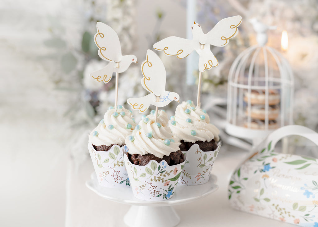 Cupcake‑Dekorationen „Tauben“ – 6er Set | 3 Motive je 2 Stück | 14,5 cm | Hochzeit, Taufe & Kommunion