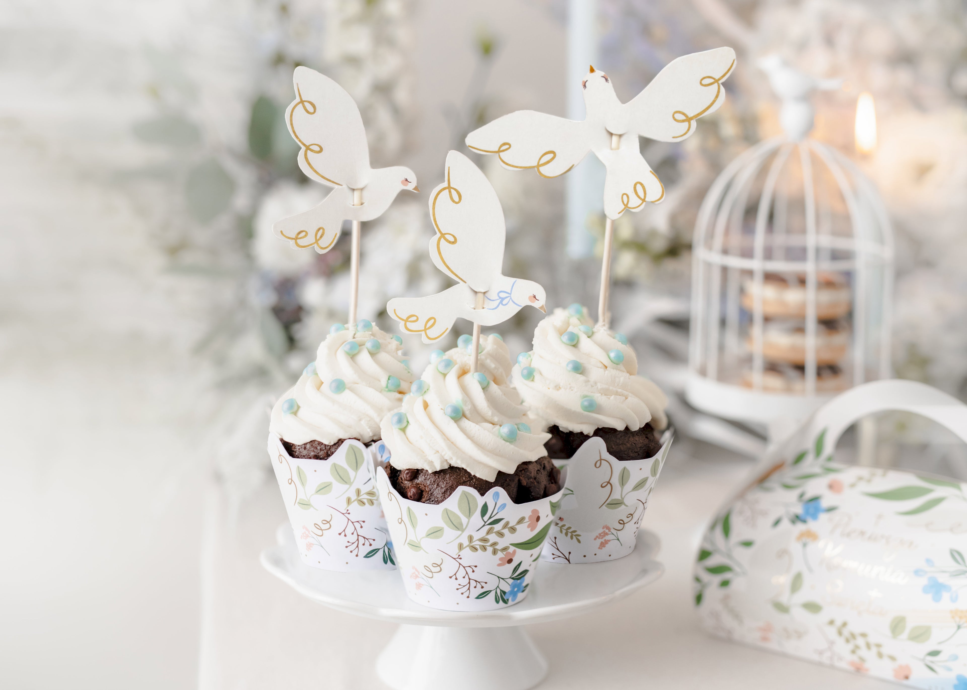 Cupcake‑Dekorationen „Tauben“ – 6er Set | 3 Motive je 2 Stück | 14,5 cm | Hochzeit, Taufe & Kommunion