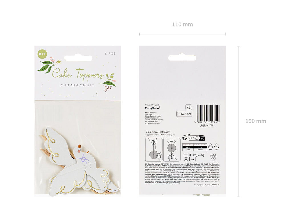 Cupcake‑Dekorationen „Tauben“ – 6er Set | 3 Motive je 2 Stück | 14,5 cm | Hochzeit, Taufe & Kommunion