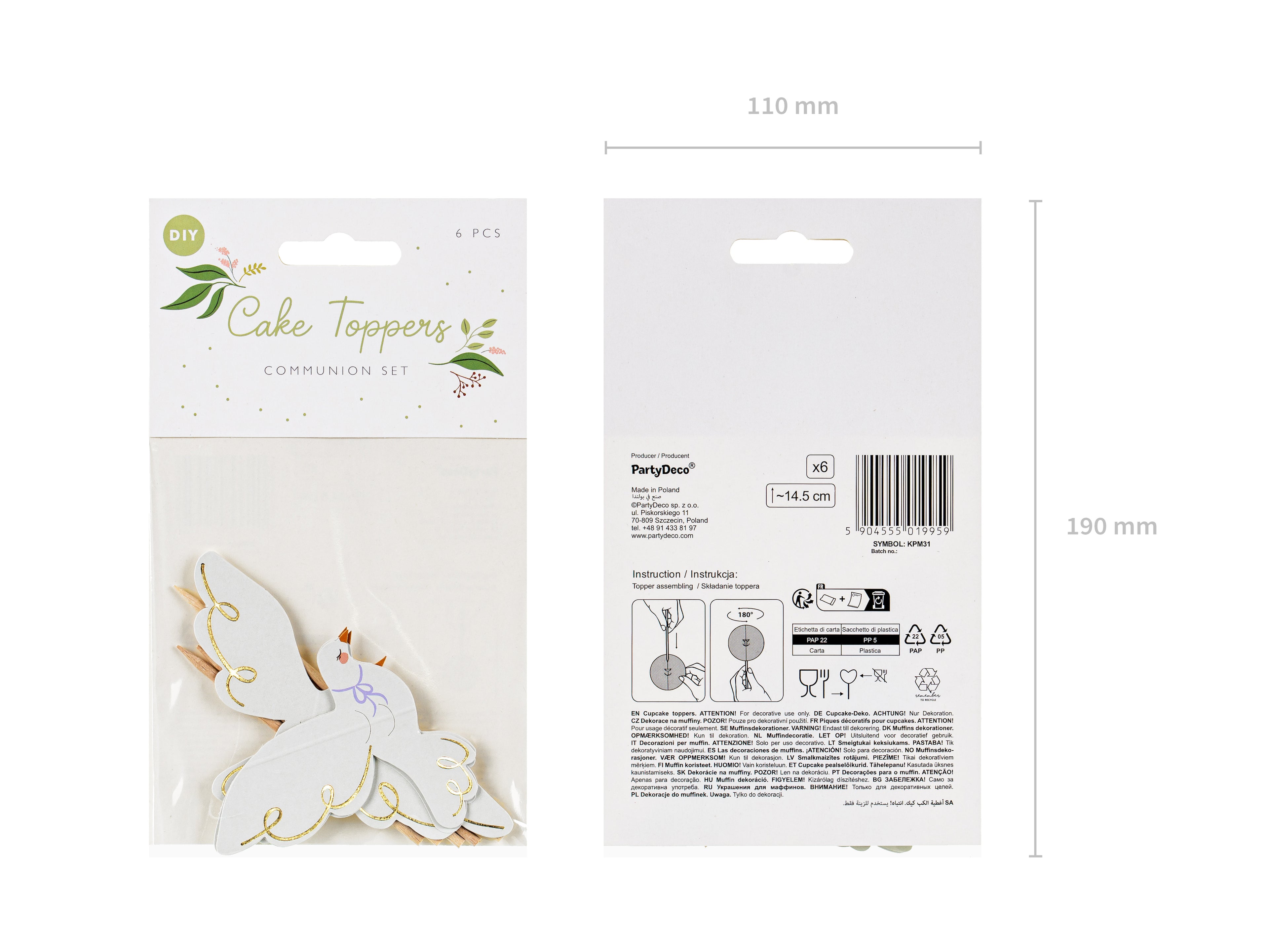 Cupcake‑Dekorationen „Tauben“ – 6er Set | 3 Motive je 2 Stück | 14,5 cm | Hochzeit, Taufe & Kommunion
