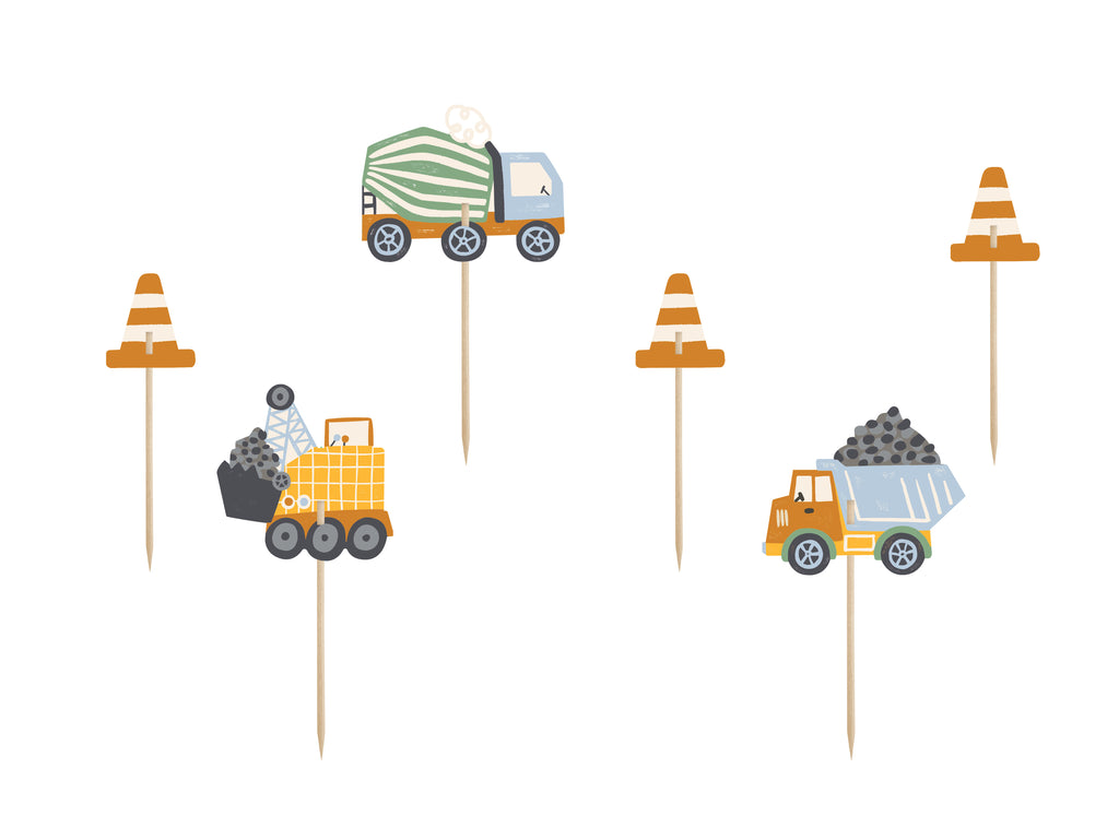 Cupcake‑Dekorationen „Baustellenfahrzeuge“ – 6er Set | 4–7 cm | Topper Bagger, LKW, Mischwagen & Pylone | Kindergeburtstag Baustelle