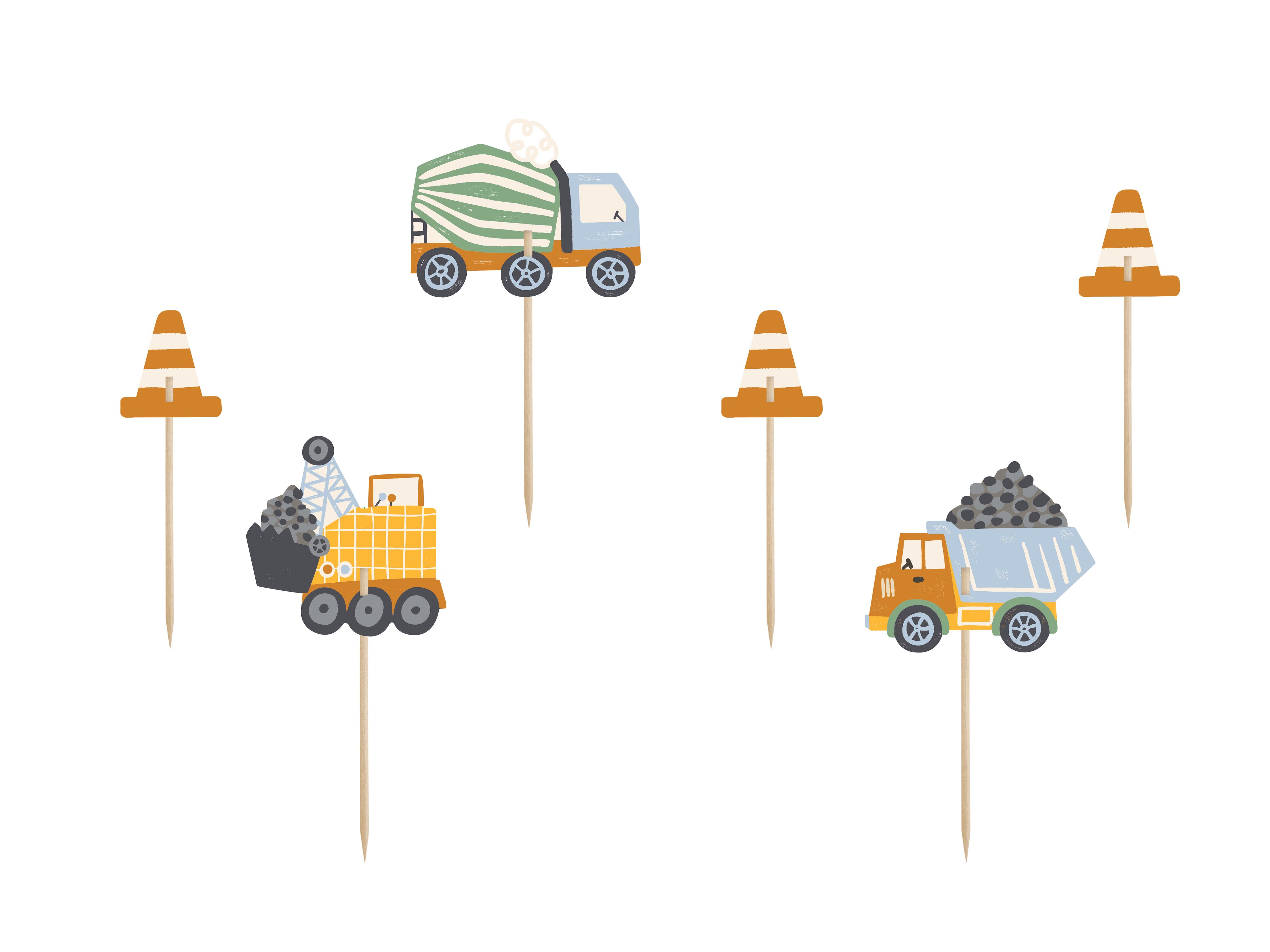 Cupcake‑Dekorationen „Baustellenfahrzeuge“ – 6er Set | 4–7 cm | Topper Bagger, LKW, Mischwagen & Pylone | Kindergeburtstag Baustelle