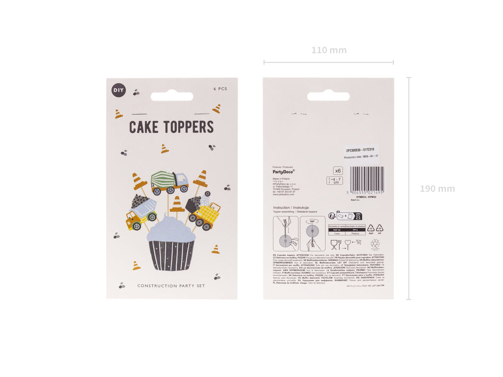 Cupcake‑Dekorationen „Baustellenfahrzeuge“ – 6er Set | 4–7 cm | Topper Bagger, LKW, Mischwagen & Pylone | Kindergeburtstag Baustelle