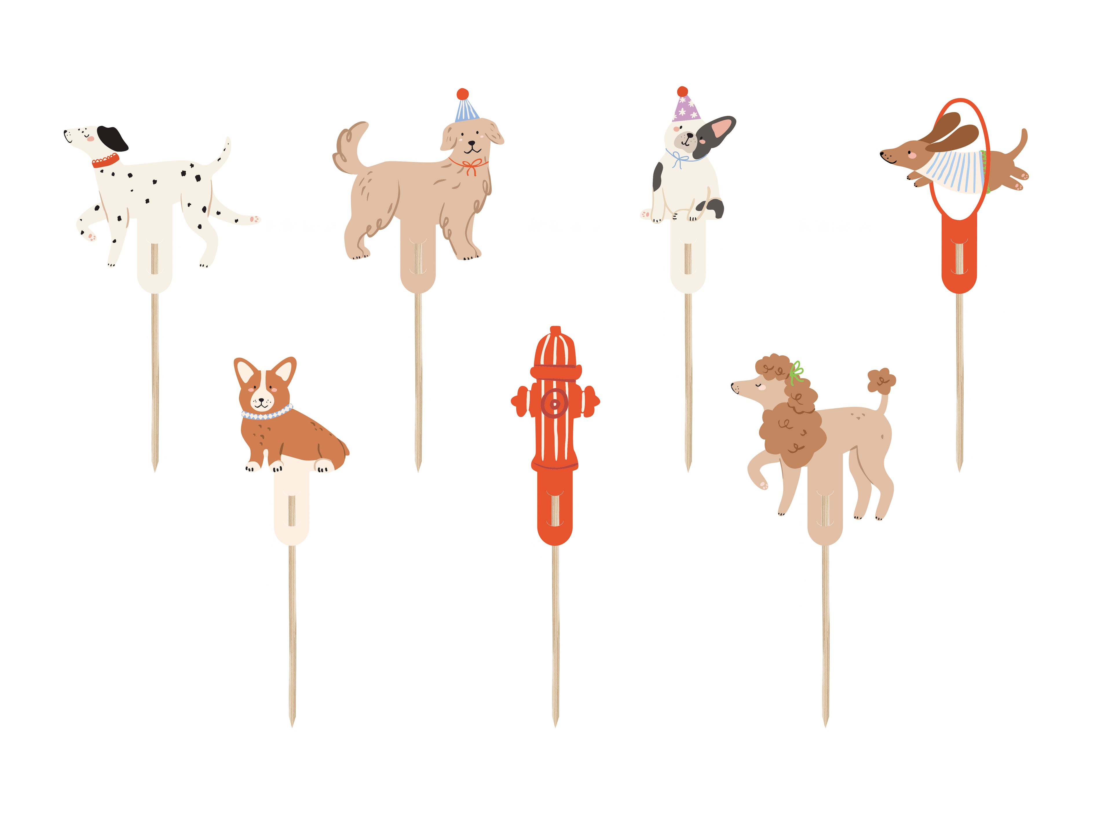Hunde Cupcake-Dekorationen - 7er Set Kuchenpicker für Kindergeburtstag | Hunde Partydeko aus Papier mit Holzstäbchen | 7-9,5 cm