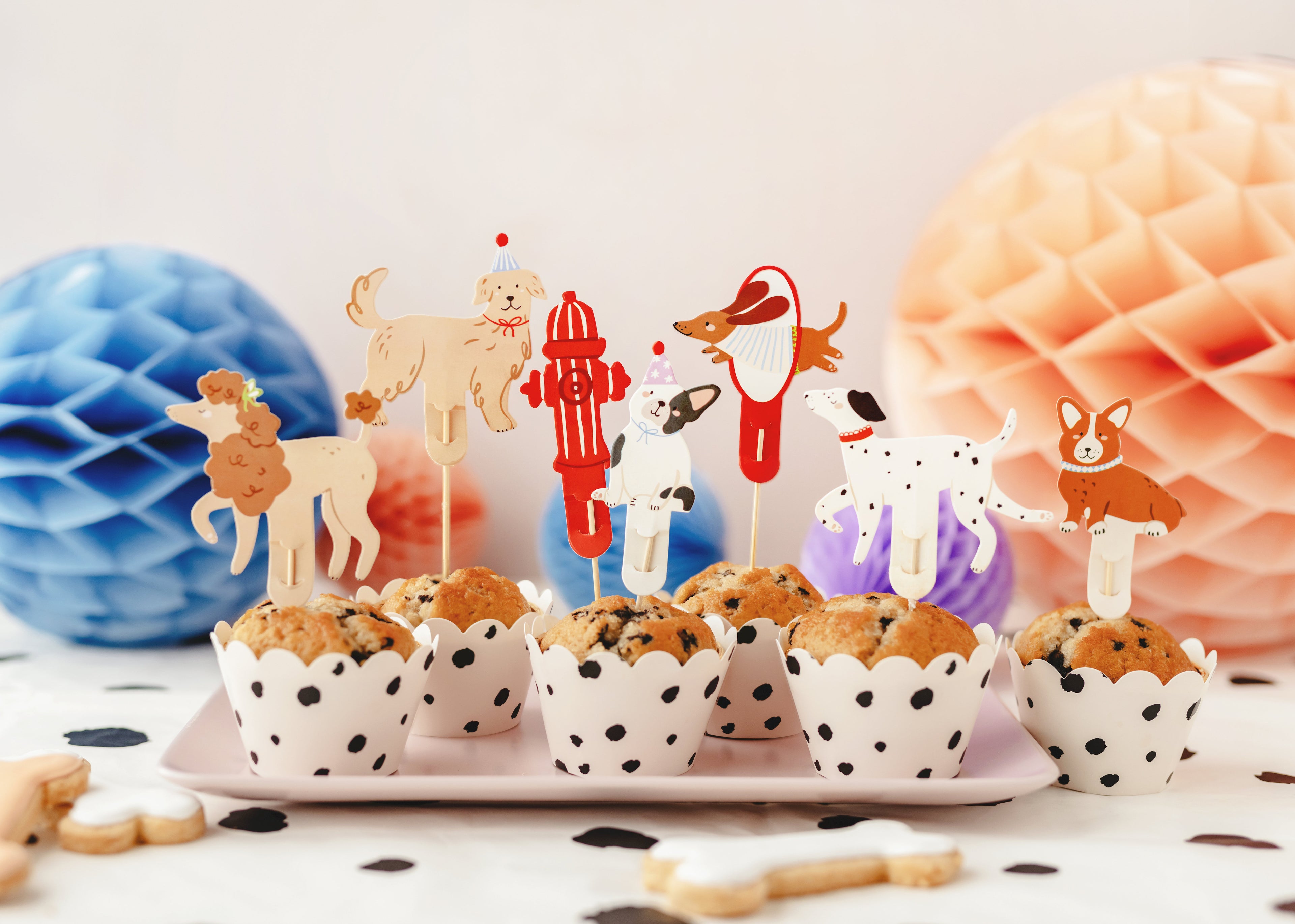 Hunde Cupcake-Dekorationen - 7er Set Kuchenpicker für Kindergeburtstag | Hunde Partydeko aus Papier mit Holzstäbchen | 7-9,5 cm