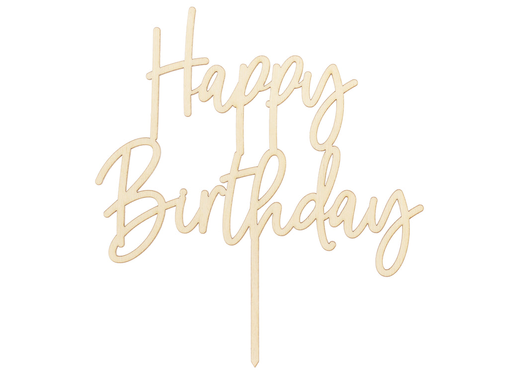 Holz Kuchen Topper „Happy Birthday“ – 15 × 16,5 cm | Wiederverwendbarer Tortenaufsatz aus Holz für Geburtstag