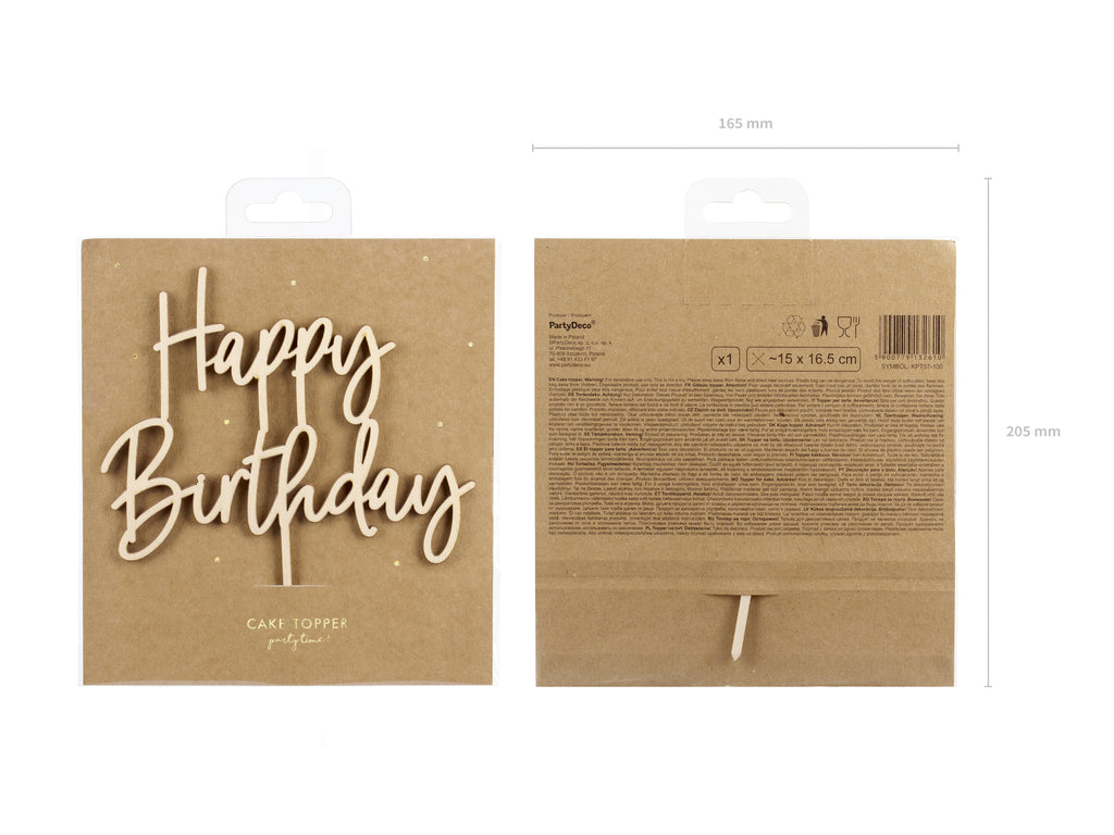 Holz Kuchen Topper „Happy Birthday“ – 15 × 16,5 cm | Wiederverwendbarer Tortenaufsatz aus Holz für Geburtstag