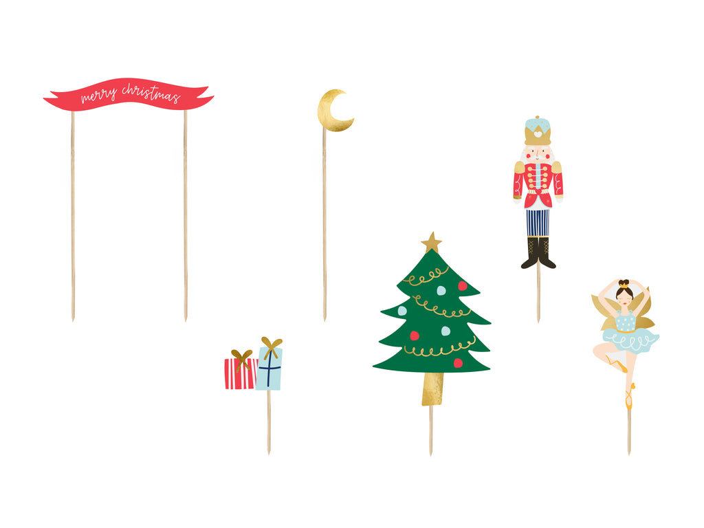 Nussknacker-Kuchenaufsätze 8,5-19 cm - 6 weihnachtliche Cake Topper am Spieß, Tortendeko für Weihnachten und Advent