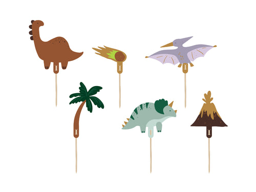 Dinosaurier-Kuchenfiguren Set – 6 Deko-Figuren auf Stacheln, 8–12 cm, bunt gemischt für Dino-Geburtstag & Torten-Deko