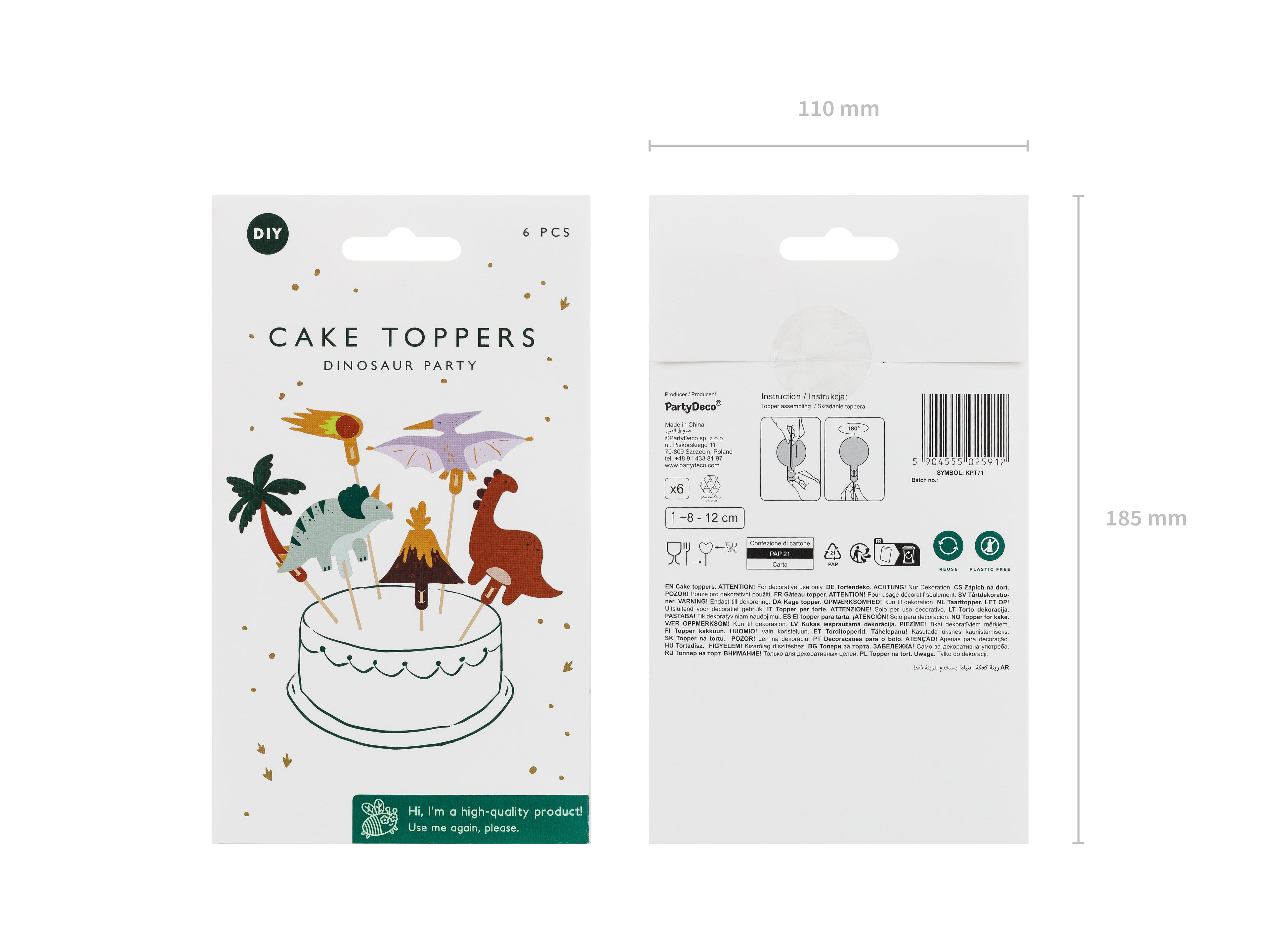 Dinosaurier-Kuchenfiguren Set – 6 Deko-Figuren auf Stacheln, 8–12 cm, bunt gemischt für Dino-Geburtstag & Torten-Deko