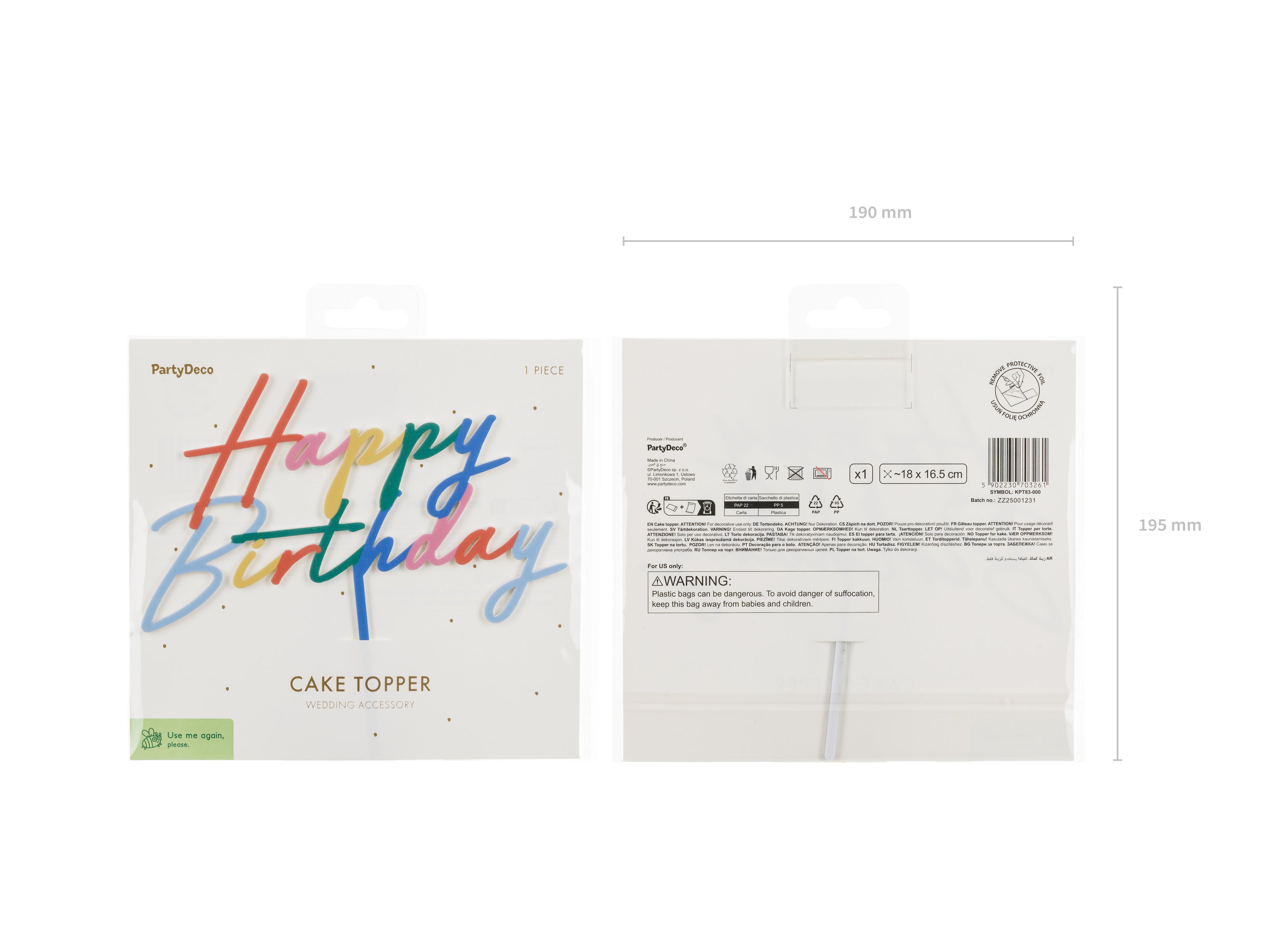 Acryl Kuchen Topper „Happy Birthday“ – Bunt Matt, 18 × 16,5 cm | Tortenaufsatz in Pastell‑Farben für Geburtstag & Party