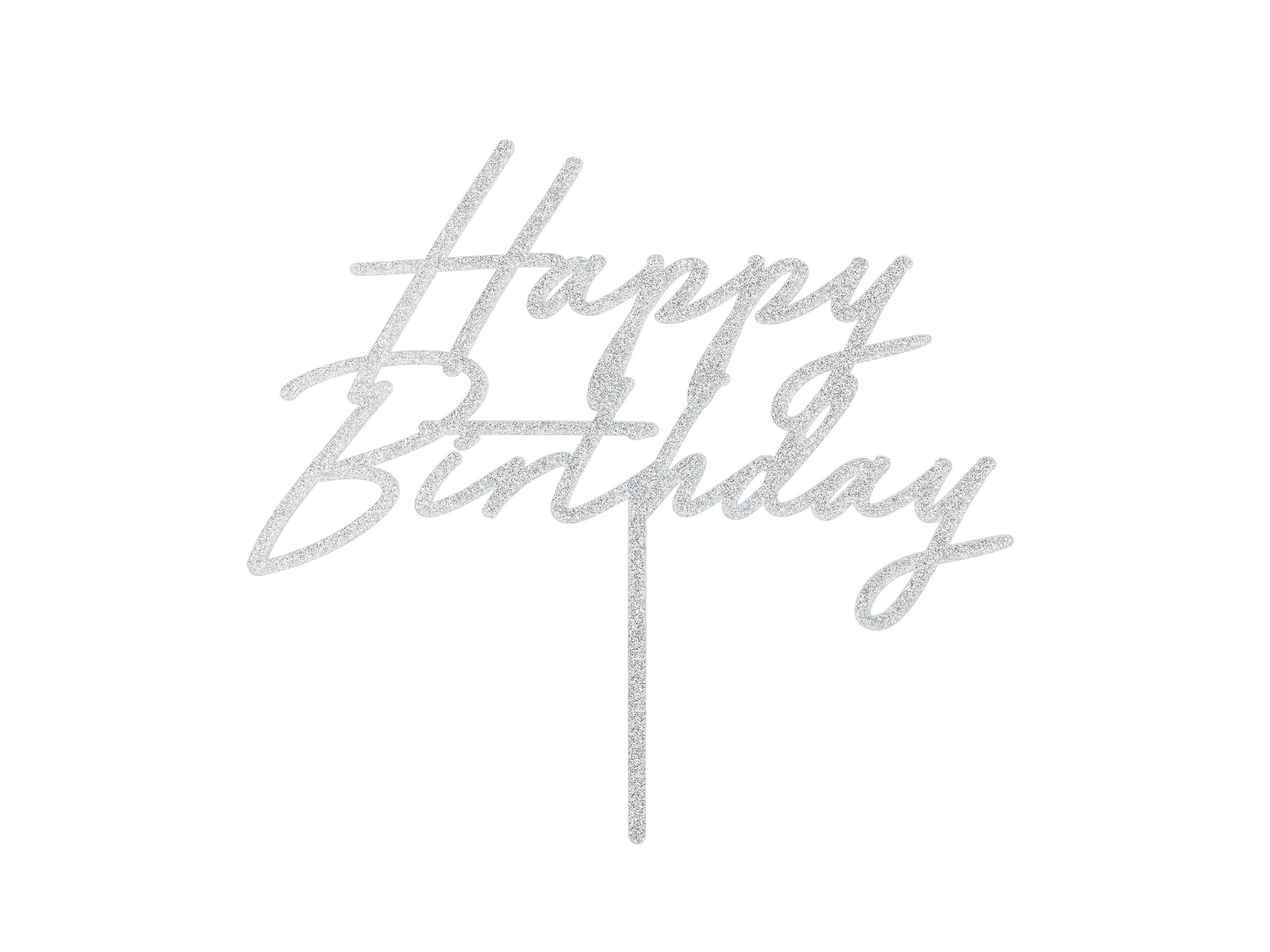Acryl Kuchen Topper „Happy Birthday“ – Silberglitzer, 18 × 16,5 cm | Wiederverwendbarer Tortenaufsatz für Geburtstag & Party