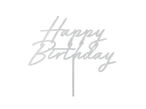 Acryl Kuchen Topper „Happy Birthday“ – Silberglitzer, 18 × 16,5 cm | Wiederverwendbarer Tortenaufsatz für Geburtstag & Party