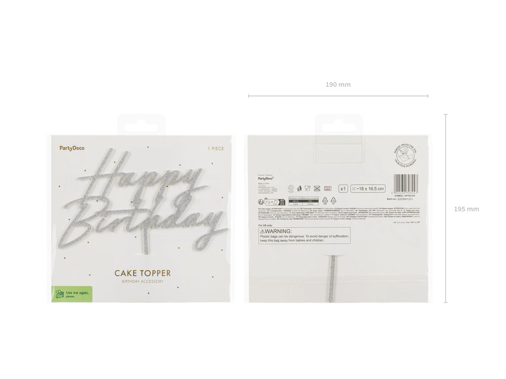 Acryl Kuchen Topper „Happy Birthday“ – Silberglitzer, 18 × 16,5 cm | Wiederverwendbarer Tortenaufsatz für Geburtstag & Party