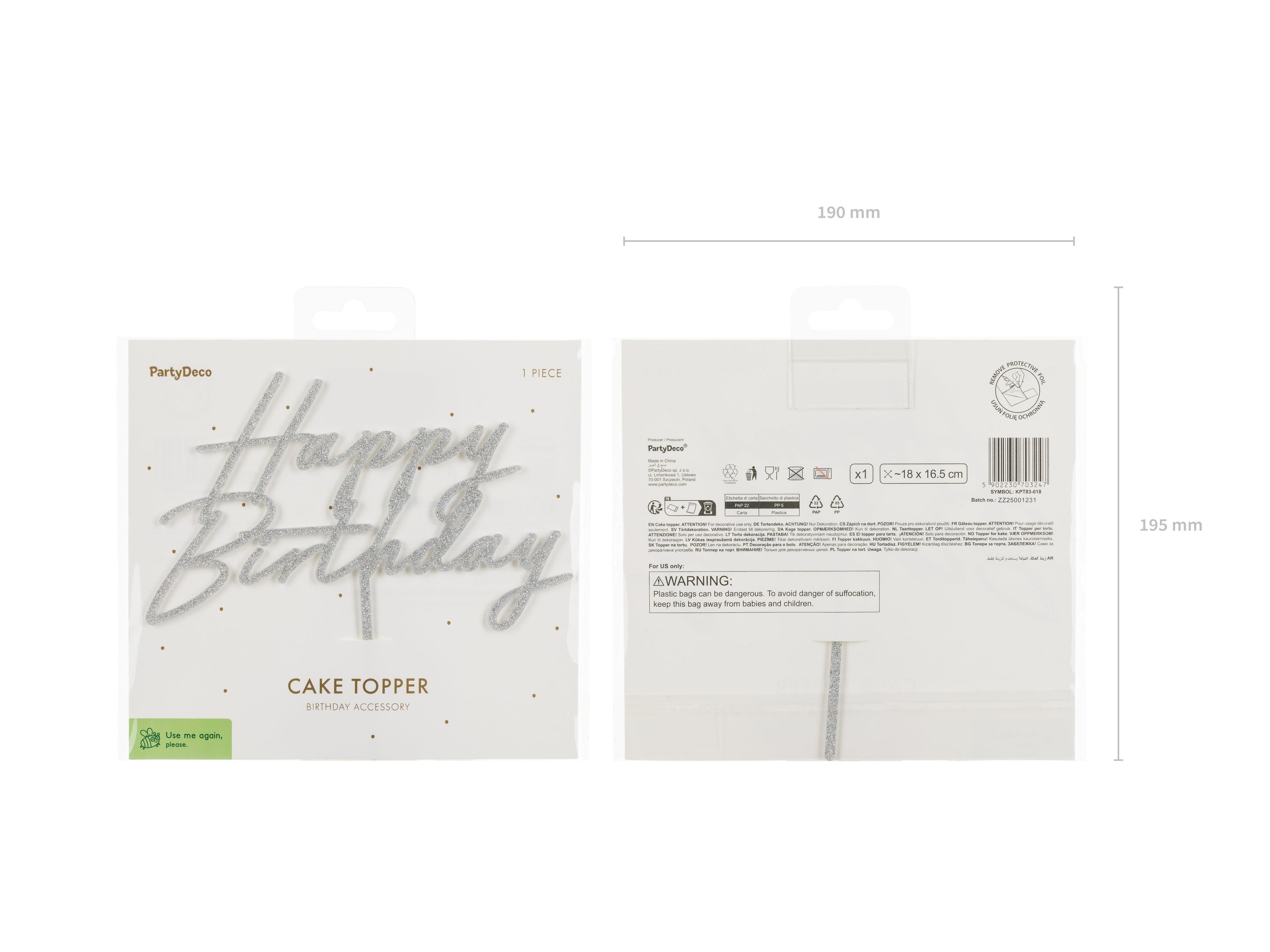 Acryl Kuchen Topper „Happy Birthday“ – Silberglitzer, 18 × 16,5 cm | Wiederverwendbarer Tortenaufsatz für Geburtstag & Party