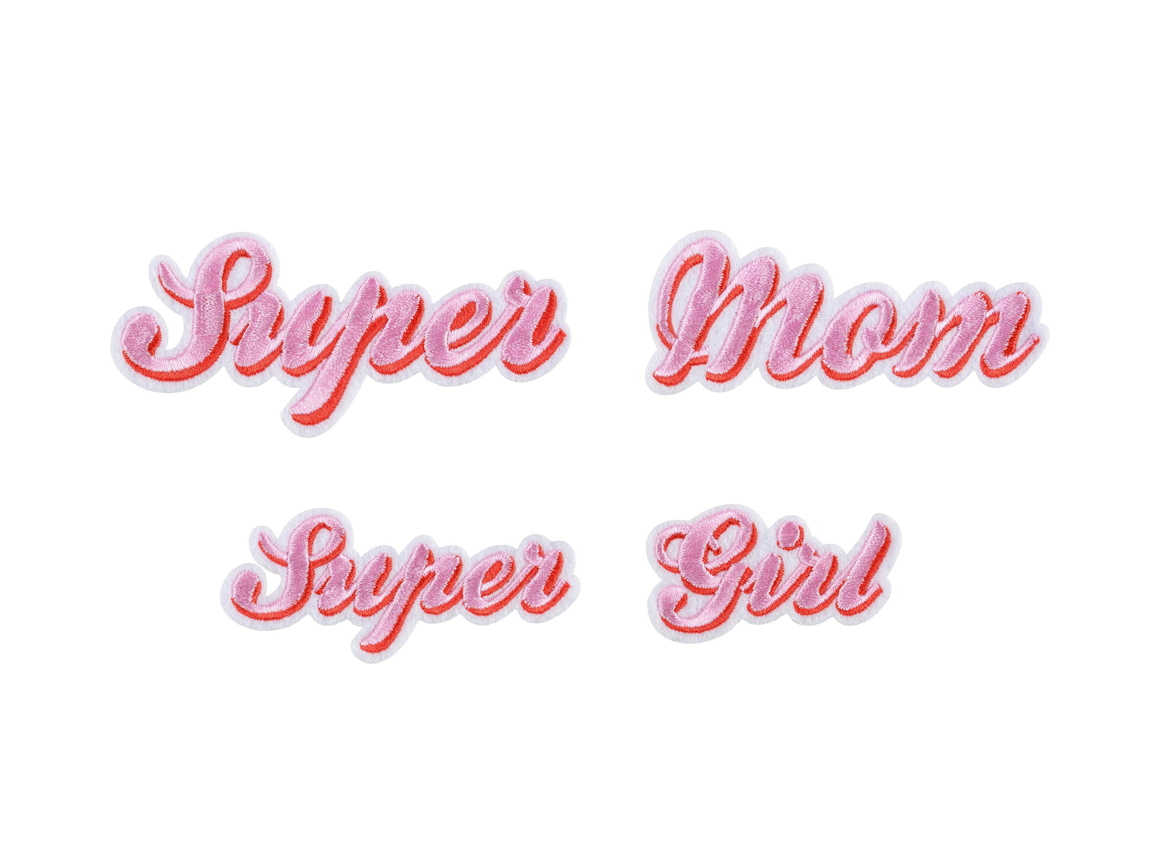 Aufbügel‑Patches „Super Mom“ – 2er Set | Bügelaufnäher in Farbmix | 14 × 3,5 bis 19,5 × 5 cm | DIY & Upcycling