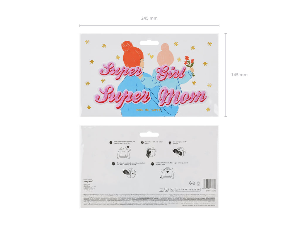 Aufbügel‑Patches „Super Mom“ – 2er Set | Bügelaufnäher in Farbmix | 14 × 3,5 bis 19,5 × 5 cm | DIY & Upcycling