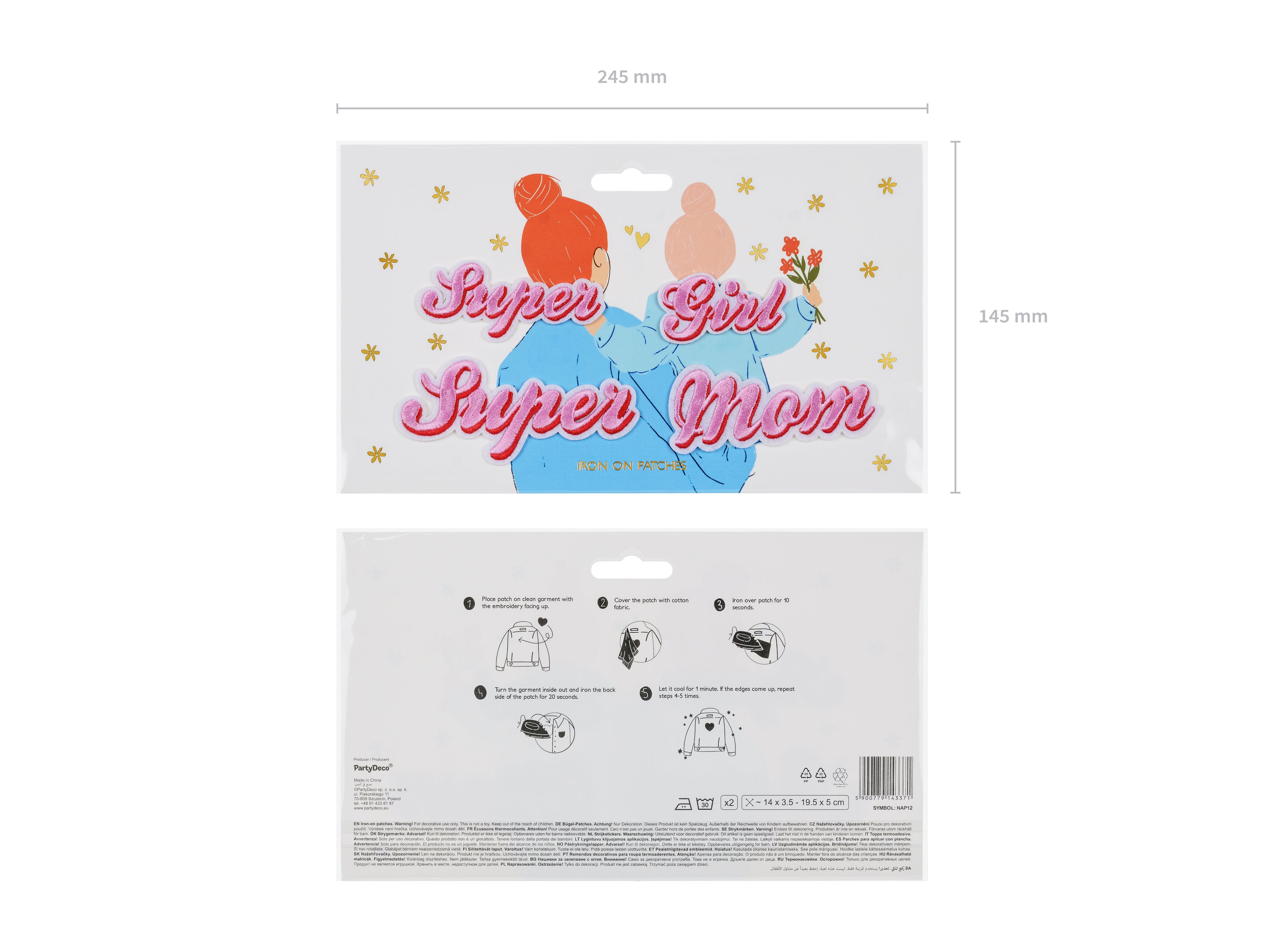 Aufbügel‑Patches „Super Mom“ – 2er Set | Bügelaufnäher in Farbmix | 14 × 3,5 bis 19,5 × 5 cm | DIY & Upcycling