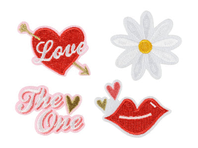 Bügelbilder „I Love“ – 4er Set Aufnäher im Farbmix | Zum Aufbügeln für Kleidung & Taschen | 5,5–6,5 × 3,5–4,5 cm | DIY , Upcycling