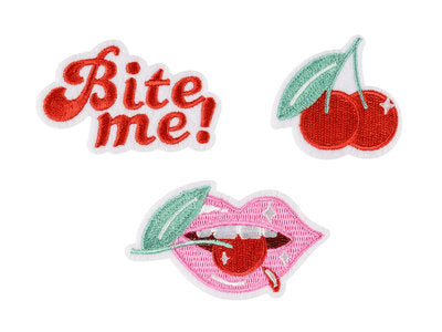 Aufbügelmotive „Bite me“ – 3er Set Patches im Farbmix | Bügelbilder für Kleidung, Jeans & Taschen | 4–4,5 × 4,5–7 cm | DIY , Upcycling