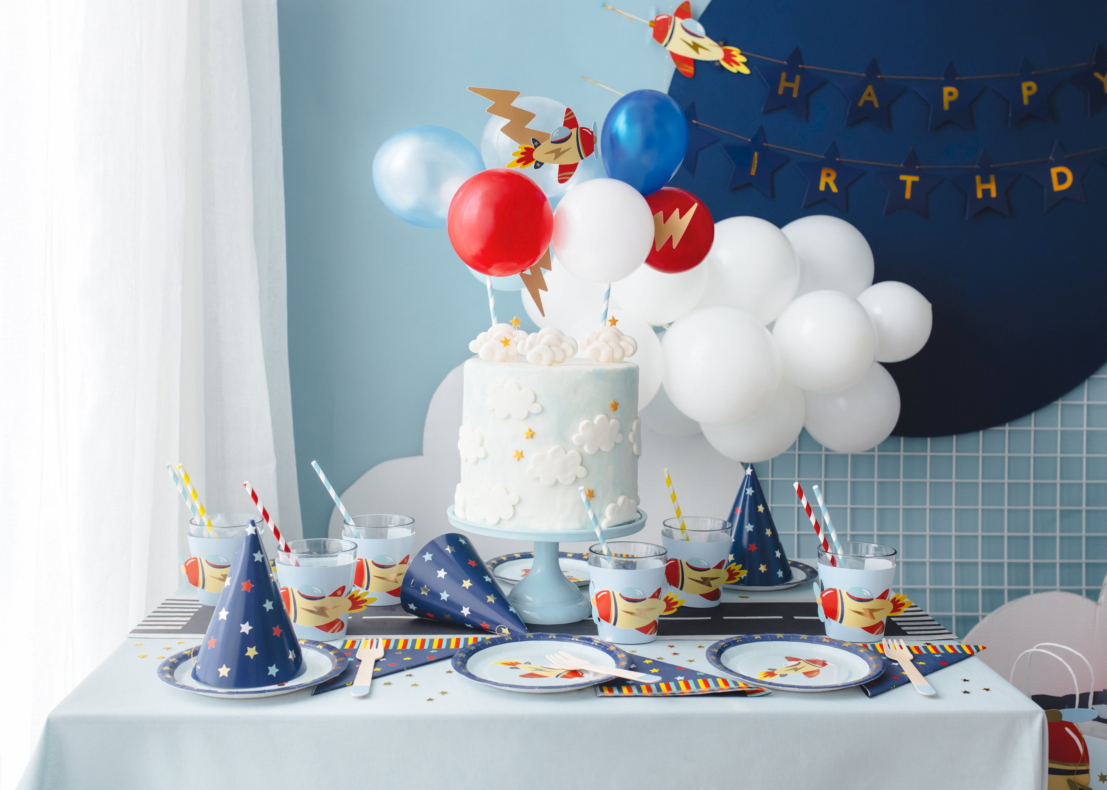Flugzeug‑Becherdeckel – 6er Set | Aufsätze für Partybecher im Farbmix | DIY, ca. 23 × 9,5 cm (flach) | Kindergeburtstag & Reise‑Mottoparty