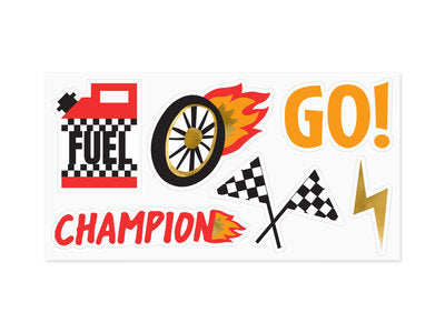 Autoaufkleber Set „Rennwagen Party“ – 6 Racing Sticker im Auto-Design | Kindergeburtstag, Partydeko, Mitgebsel | Flammen,Reifen,Flaggen