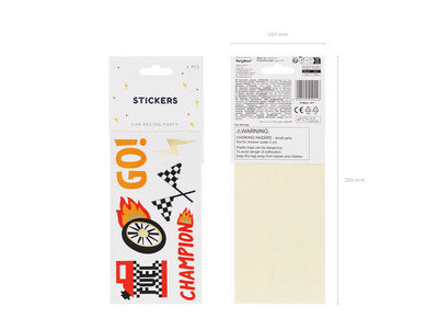 Autoaufkleber Set „Rennwagen Party“ – 6 Racing Sticker im Auto-Design | Kindergeburtstag, Partydeko, Mitgebsel | Flammen,Reifen,Flaggen