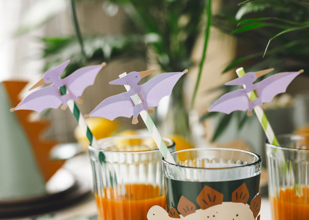 Pterodactylus‑Strohhalme – 6er Set | Papierstrohhalme mit Dino‑Aufsätzen | 19,5 cm | Kindergeburtstag & Dino‑Mottoparty