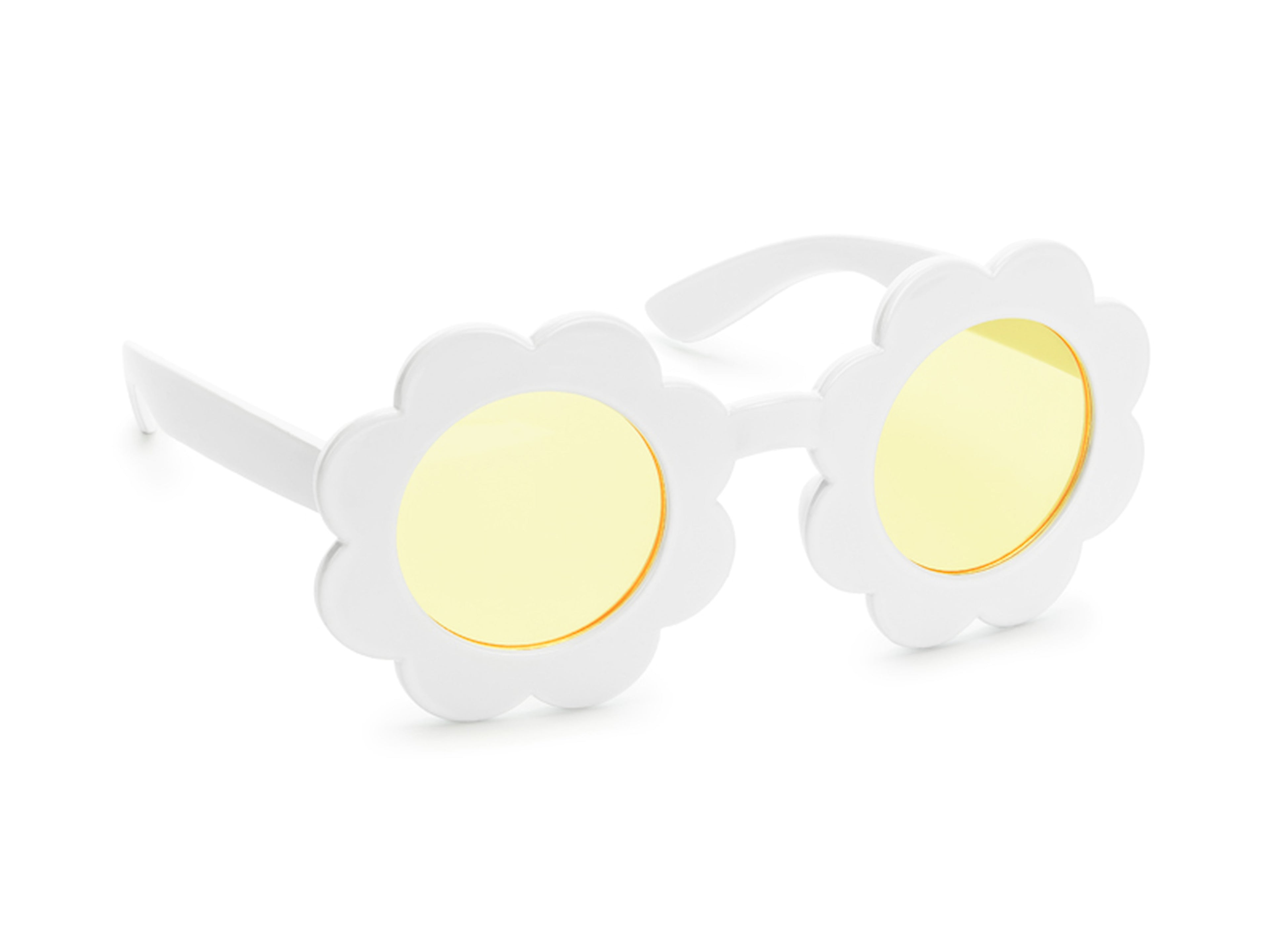 Gänseblümchen‑Brille Weiß – Partybrille mit gelben Gläsern | 13 × 6 × 13 cm | Festival, Sommerparty & Fotos