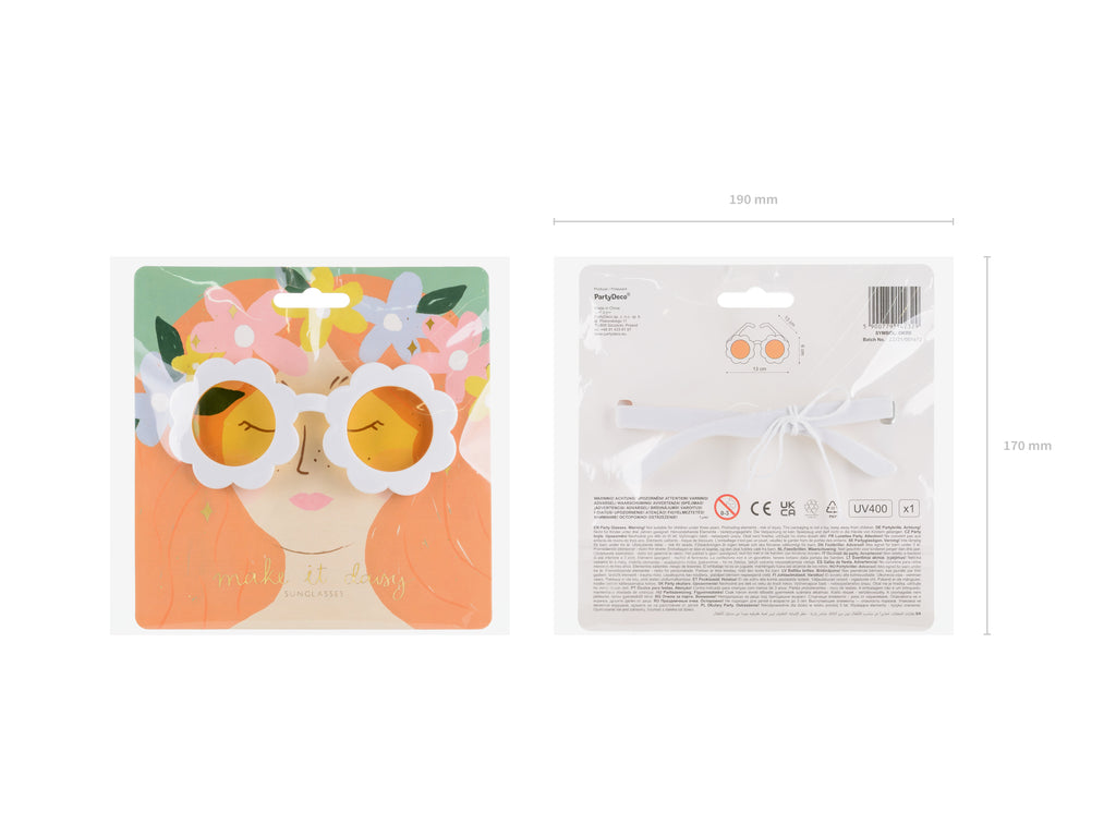 Gänseblümchen‑Brille Weiß – Partybrille mit gelben Gläsern | 13 × 6 × 13 cm | Festival, Sommerparty & Fotos