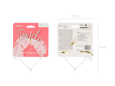 Brautstirnband mit Rüschen – Haarreif „Bride“ mit rosa Rüsche & holografischem Schriftzug | JGA Accessoire | 17,5 × 18 cm