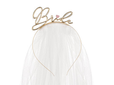 Braut Stirnband in Gold mit Schleier – Metall Haarreif „Braut“ | JGA Accessoire, Bridal Shower, Hochzeit, Weißer Schleier ca. 50 cm