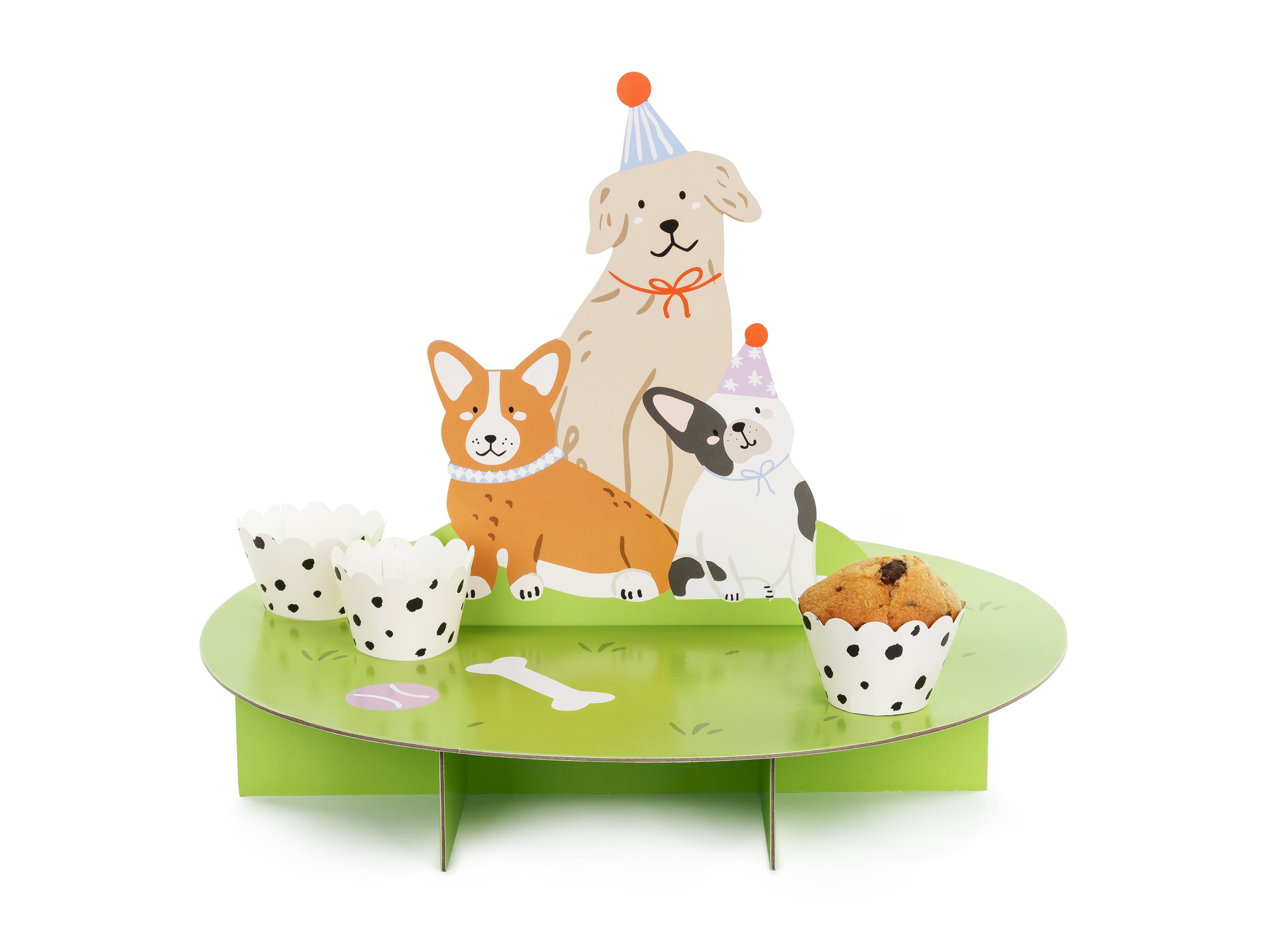 Hunde‑Leckerlischale – Süßigkeitenständer in Hundeform, Ø 45 cm × H 35 cm, Farbmix, inkl. Ständer zum Selbstaufbau & 24 Muffinförmchen