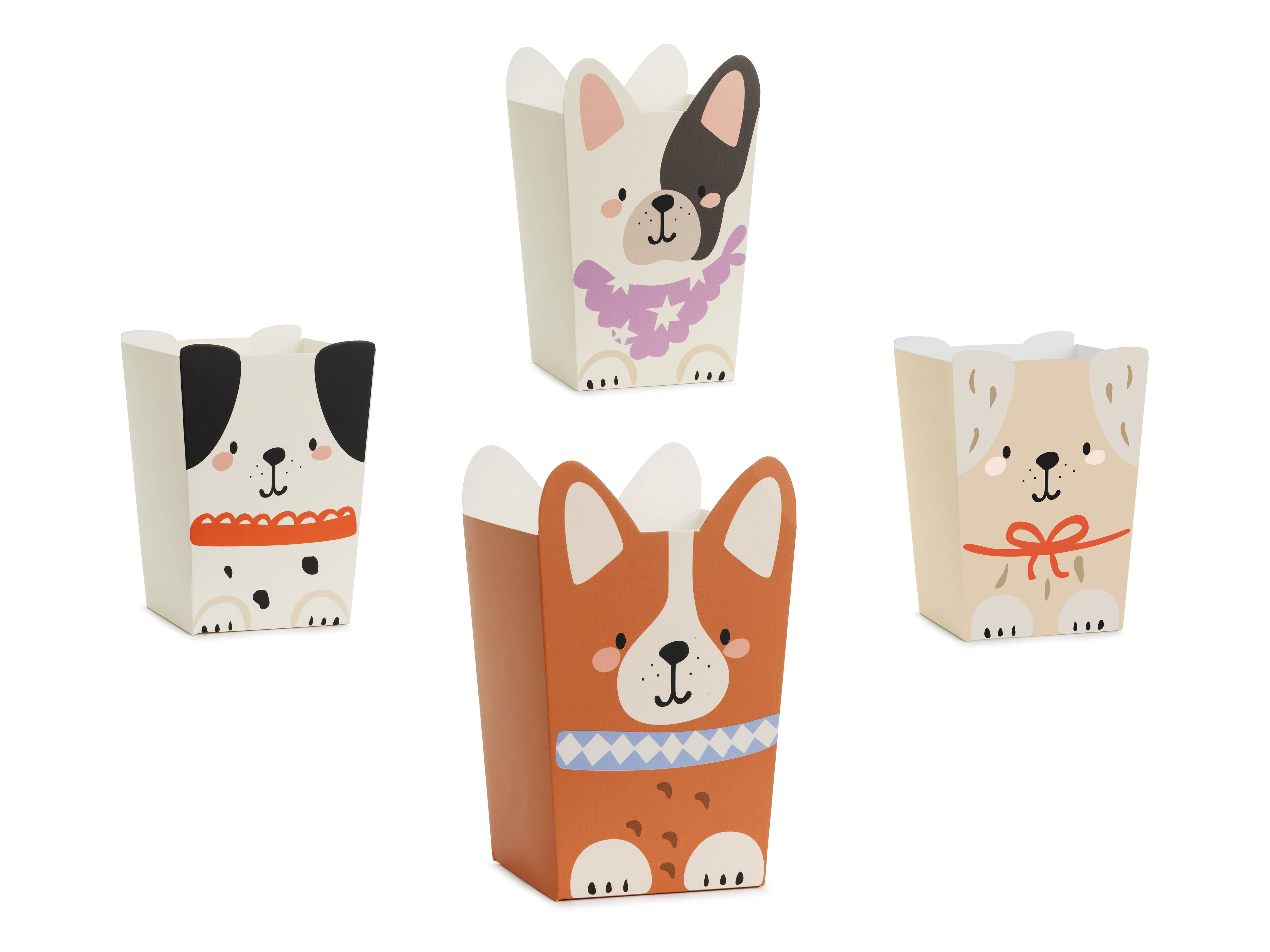 Hunde Popcorn‑Boxen – 6er Set | Snackboxen in Hundedesigns | 8,7 × 8,7 cm, Höhe 12,5–14,3 cm | Kindergeburtstag & Party