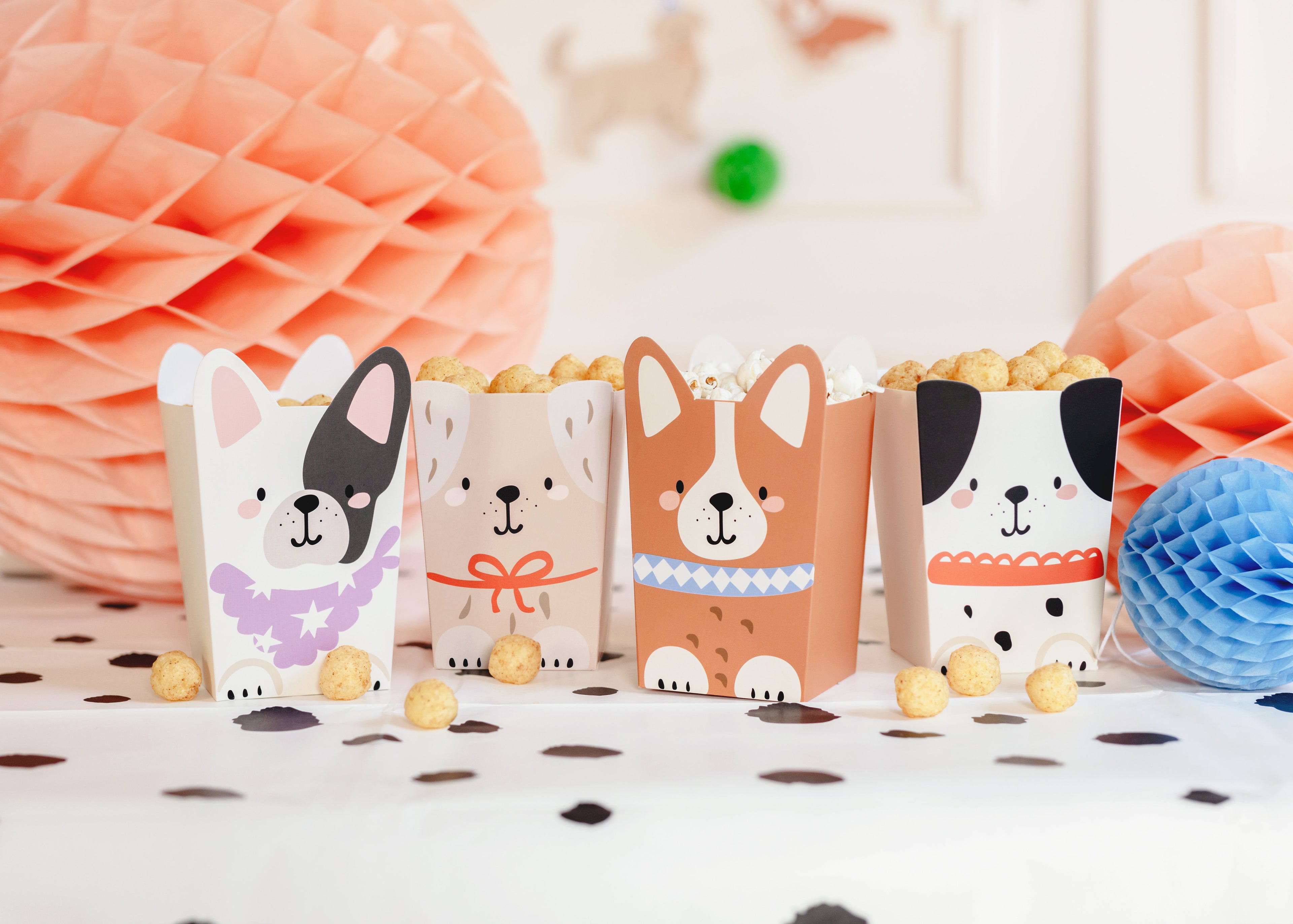 Hunde Popcorn‑Boxen – 6er Set | Snackboxen in Hundedesigns | 8,7 × 8,7 cm, Höhe 12,5–14,3 cm | Kindergeburtstag & Party