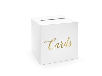 Briefumschlagbox „Cards“ – Weiße Kartenbox mit goldener Aufschrift | 24 × 24 × 24 cm | Hochzeit, Geburtstag, Taufe, Geldgeschenke
