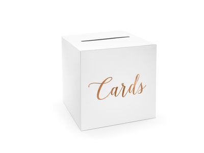 Briefumschlagbox „Cards“ – Weiß mit roségoldenem Metallic‑Print | 24 × 24 × 24 cm | Kartenbox für Hochzeit, Geburtstag, Taufe &Geldgeschenke