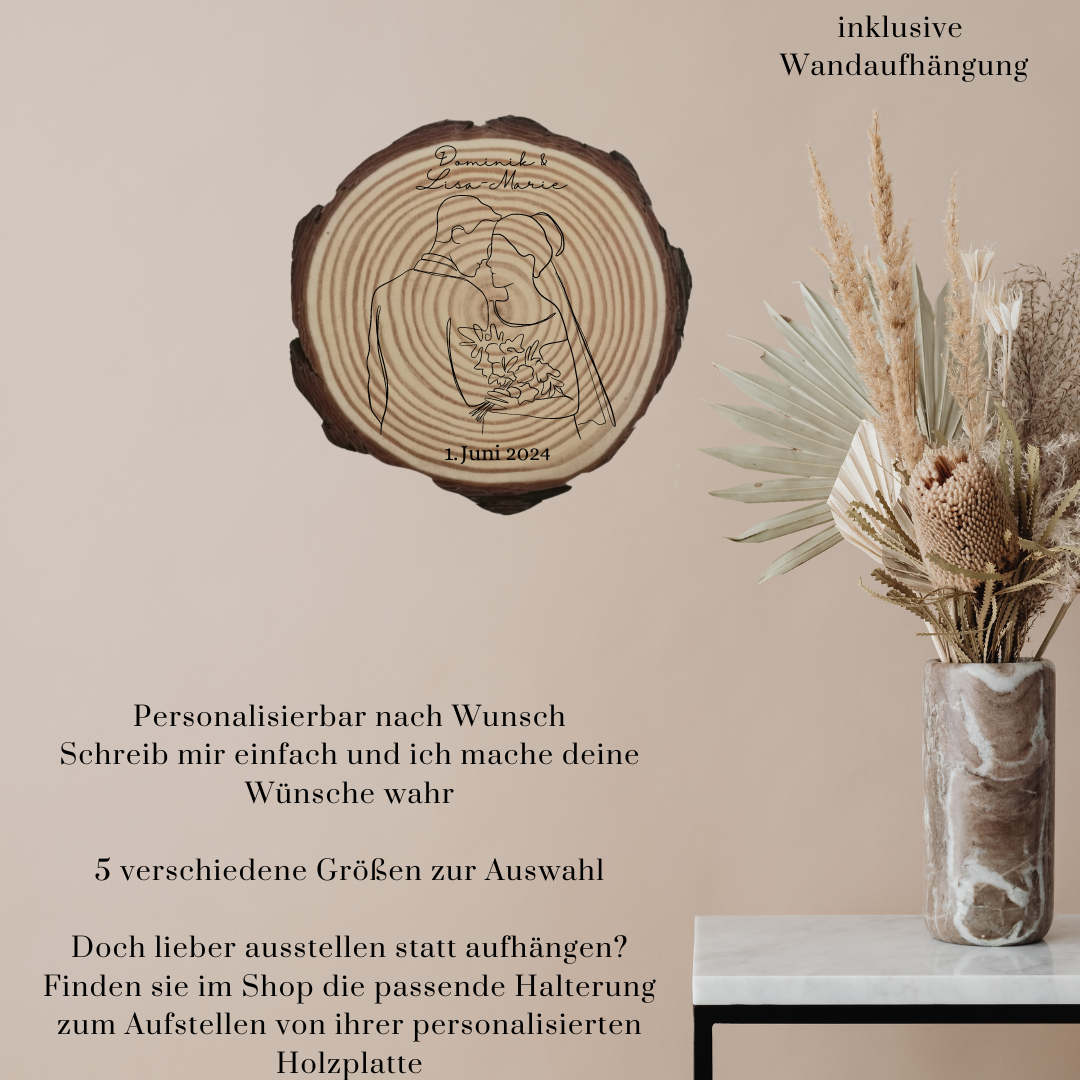 Gravierte Holzscheibe Hochzeit – personalisiert mit Namen & Datum – rustikale Hochzeitsdeko – Geschenk für Brautpaar – Ringträger Holz