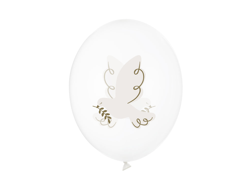 Luftballons „Tauben“ – 6er Set kristallklar | 30 cm | Doppelseitiger, farbiger Druck für Hochzeit, Taufe & Kommunion