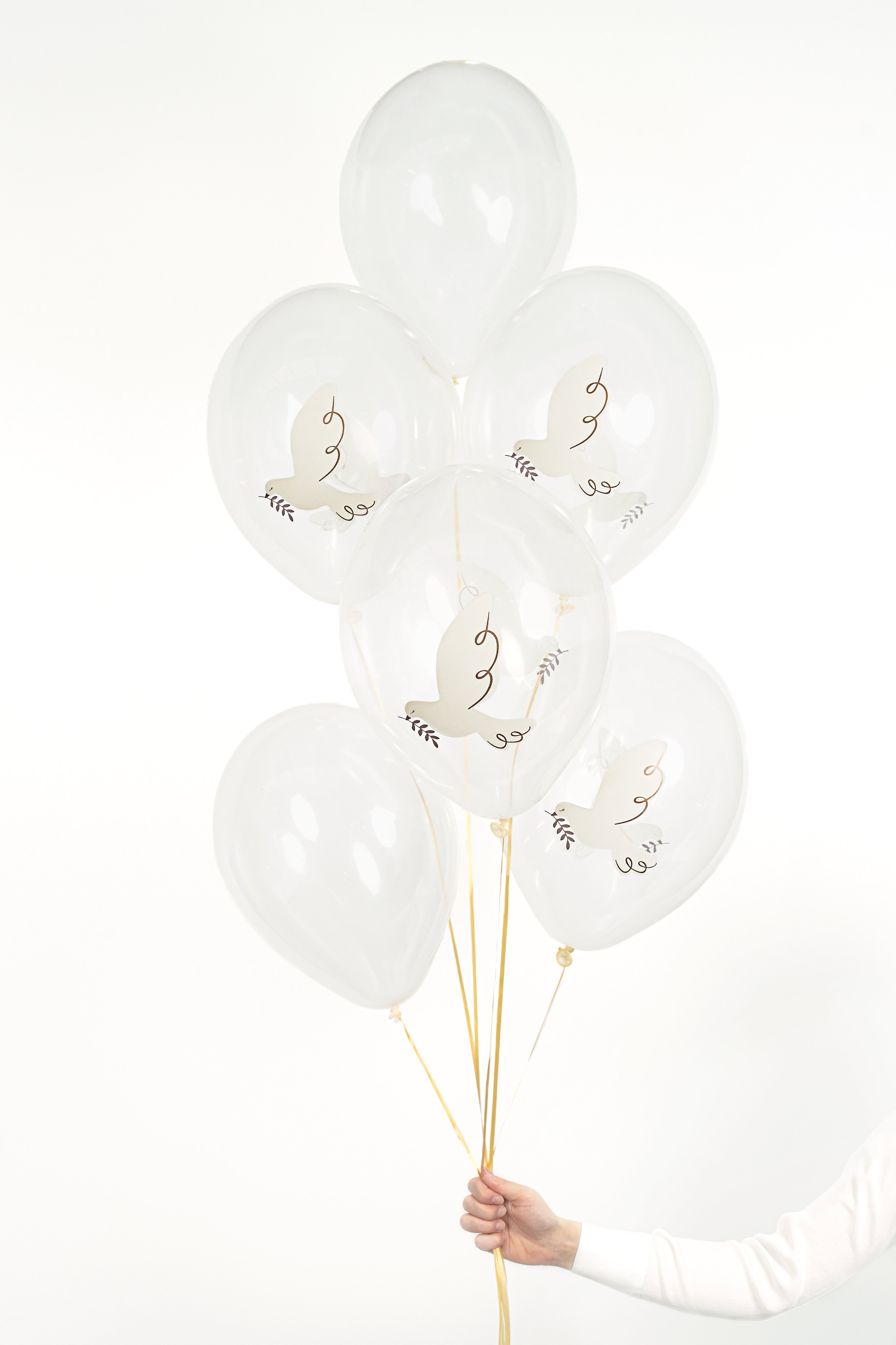 Luftballons „Tauben“ – 6er Set kristallklar | 30 cm | Doppelseitiger, farbiger Druck für Hochzeit, Taufe & Kommunion
