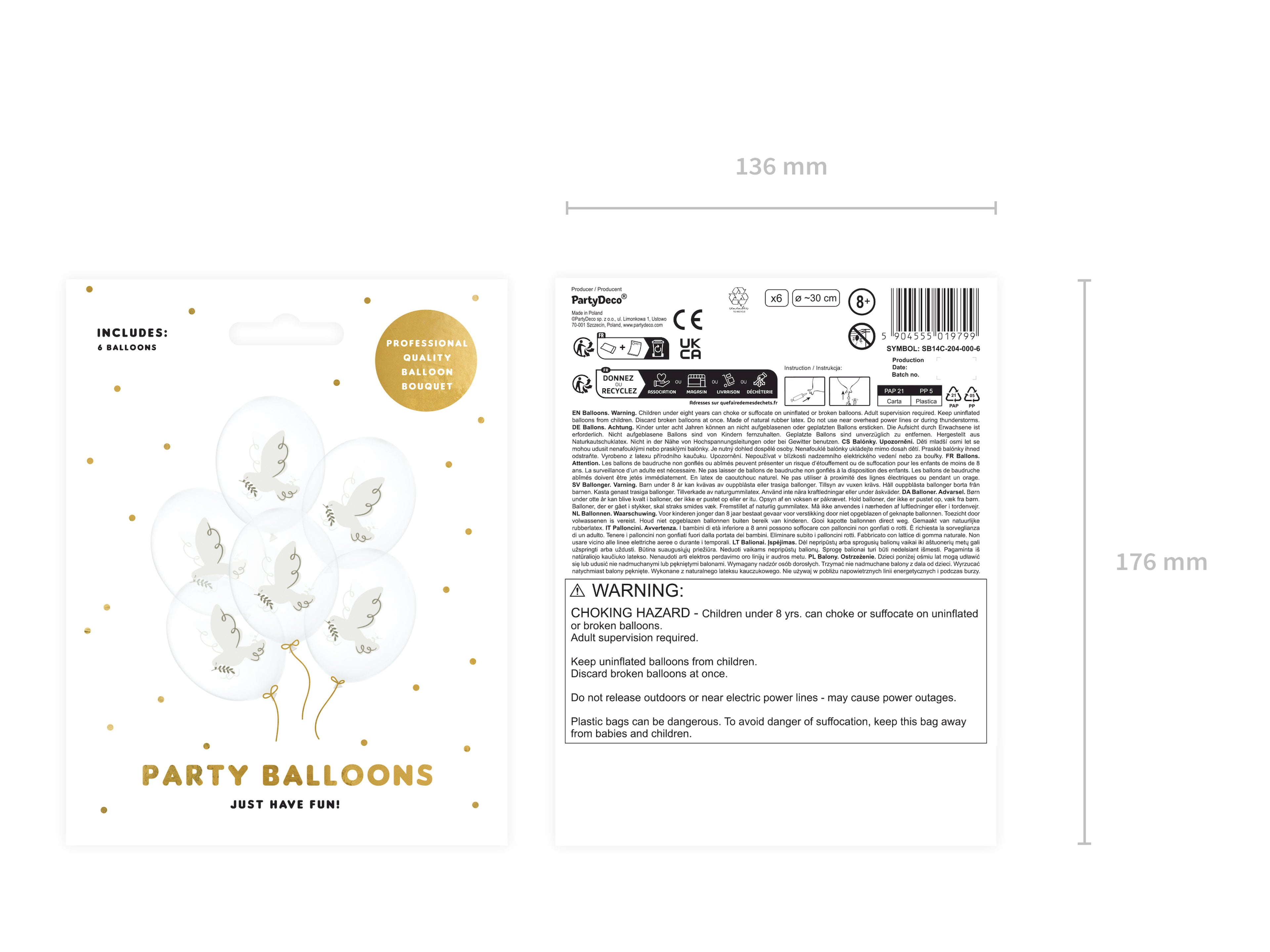 Luftballons „Tauben“ – 6er Set kristallklar | 30 cm | Doppelseitiger, farbiger Druck für Hochzeit, Taufe & Kommunion