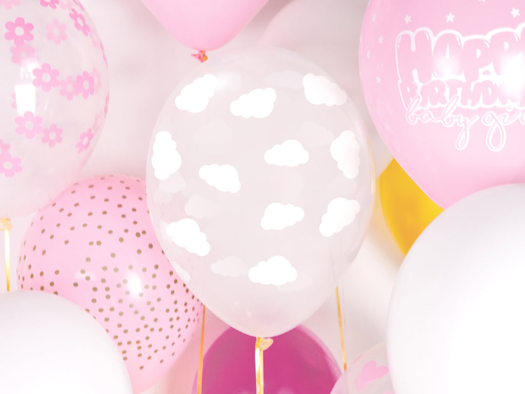 Luftballons „Wolken“ – 30 cm kristallklar | Starker Latexballon mit weißem Rundum‑Wolkenprint | 50er Pack