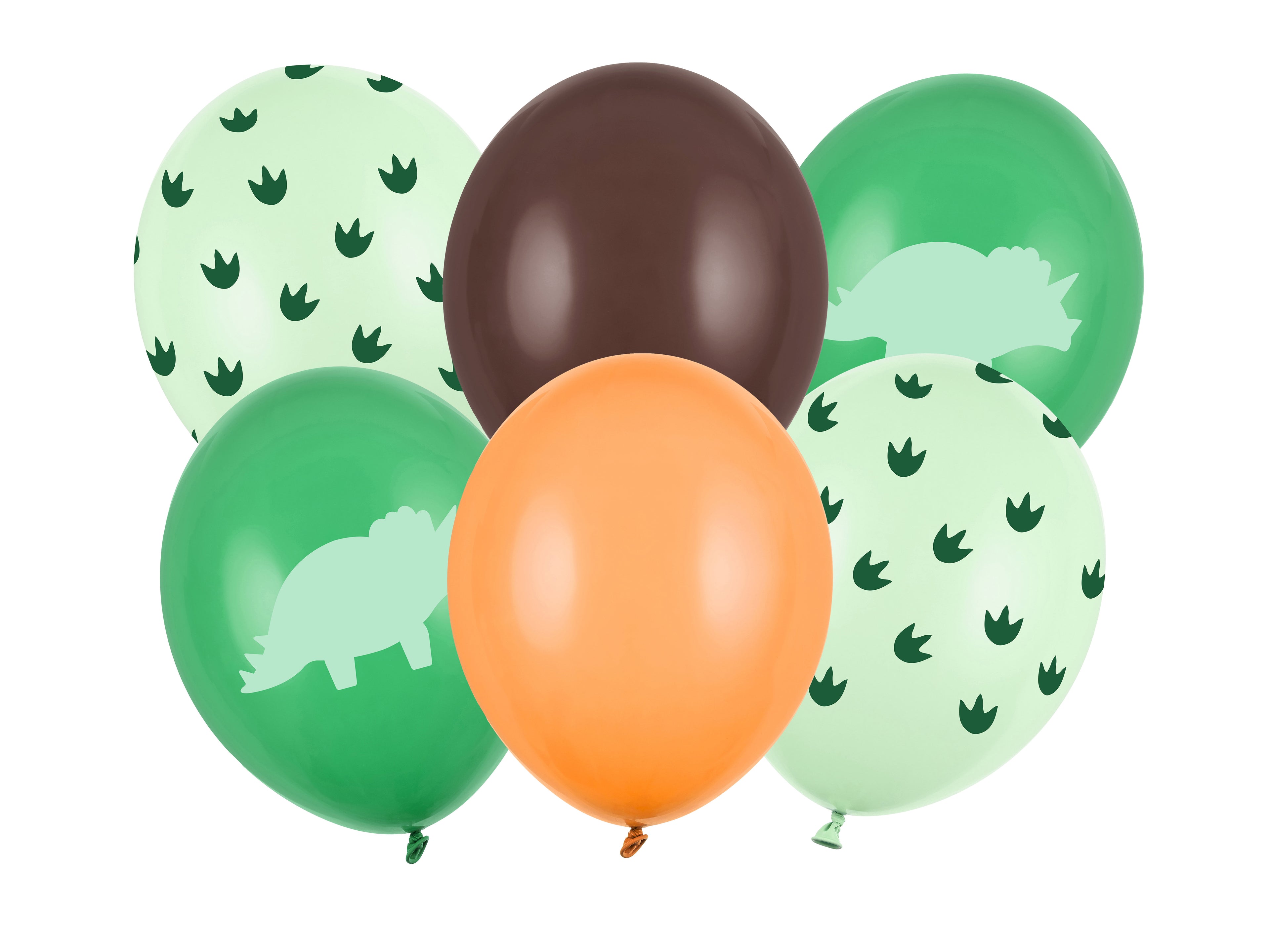 Luftballons „Dinosaurier“ – 6er Set | 30 cm | Pastell Smaragd/Pistazie mit Dino‑Print, Hellorange & Kakaobraun